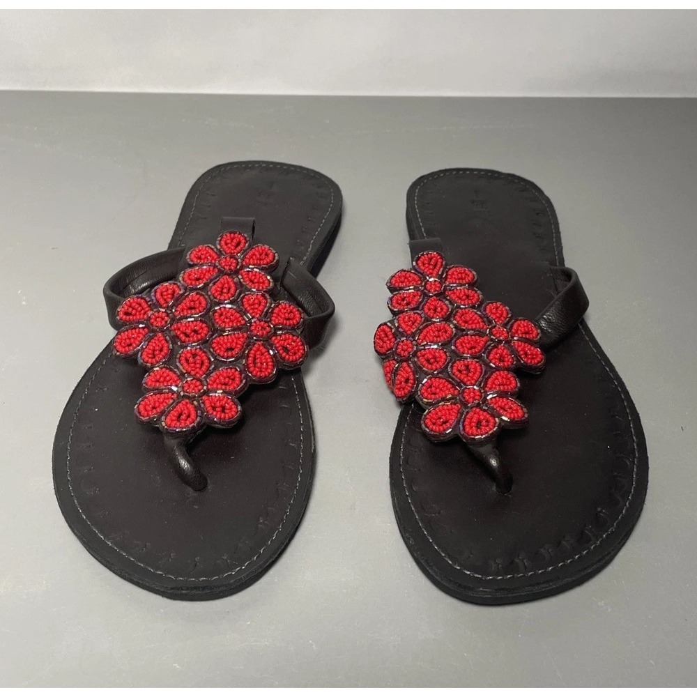 Women's Leather Beaded Flip Flops Sandals Size 7